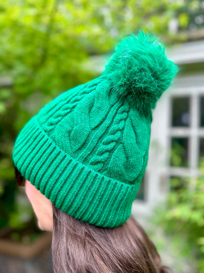 Freya Cable Knit Pom Pom Hat in Green
