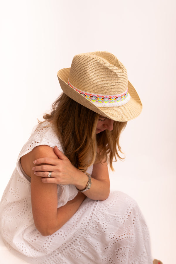 Nicky Trilby Hat In Pink and White Trim