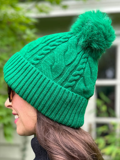 Freya Cable Knit Pom Pom Hat in Green
