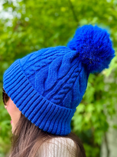 Freya Cable Knit Pom Pom Hat in Cobalt Blue