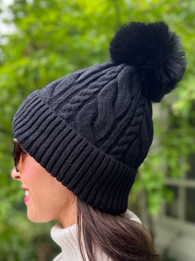 Freya Cable Knit Pom Pom Hat in Classic Black