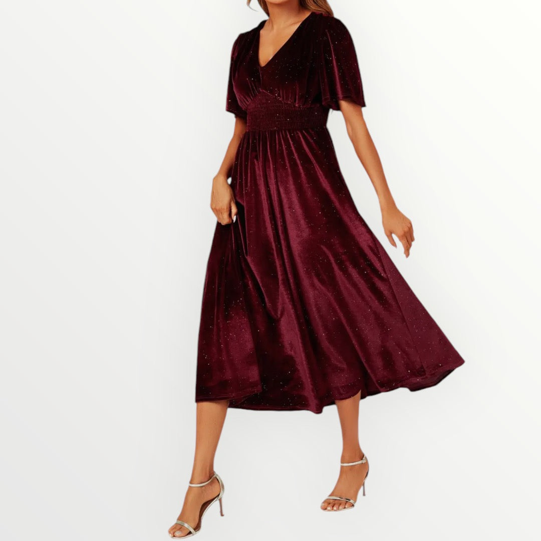 V-Neck Velvet Midi Dress