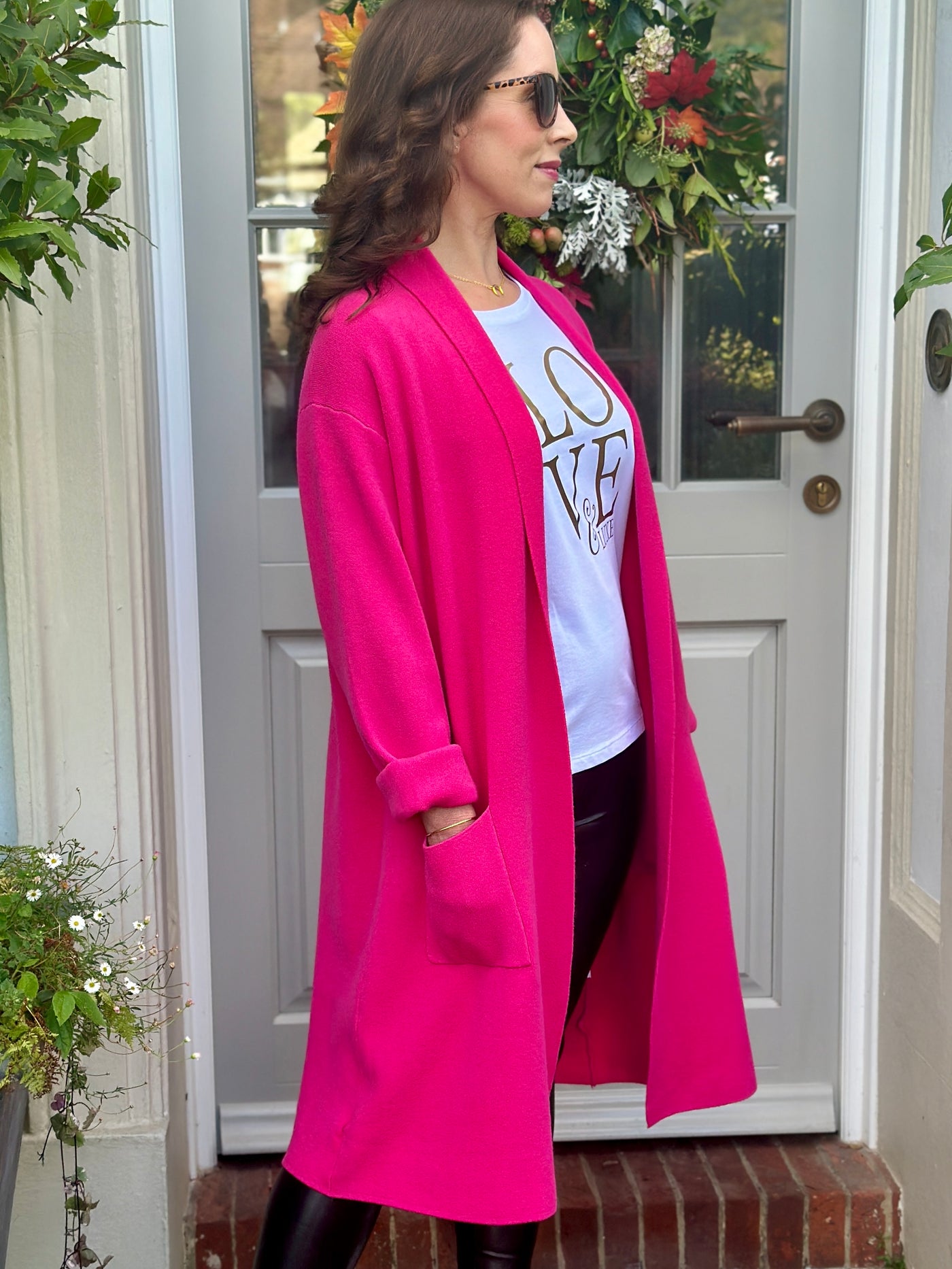 Evie Long Cardigan in Fuchsia Pink