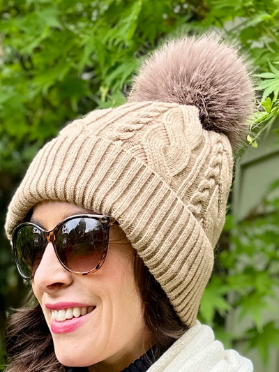 Freya Cable Knit Pom Pom Hat in Camel