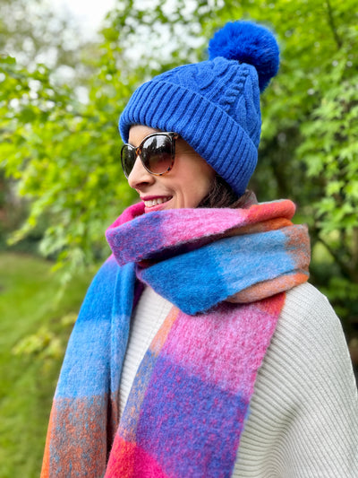 Freya Cable Knit Pom Pom Hat in Cobalt Blue