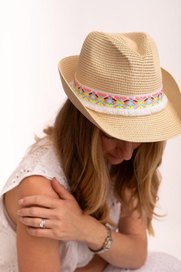 Nicky Trilby Hat In Pink and White Trim