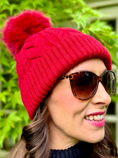 Freya Cable Knit Pom Pom Hat in Cherry Red
