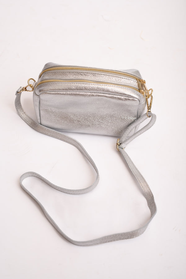 Phoebe Silver Leather Crossbody Bag