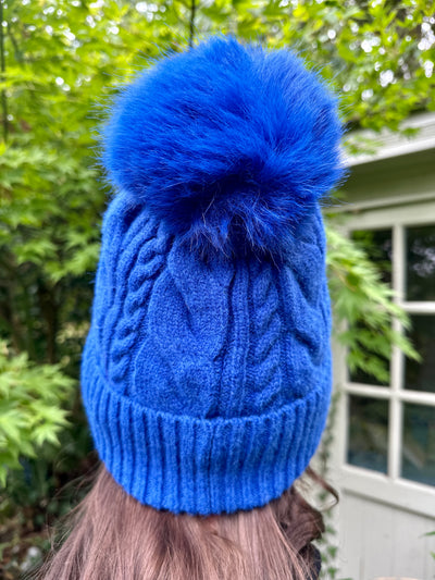Freya Cable Knit Pom Pom Hat in Cobalt Blue