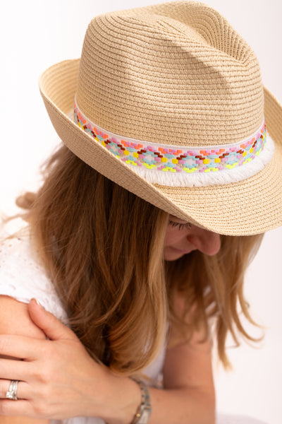 Nicky Trilby Hat In Pink and White Trim