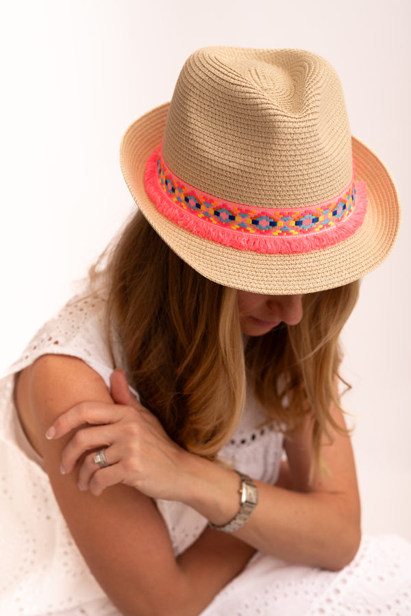 Nicky Trilby Hat In Pink and White Trim