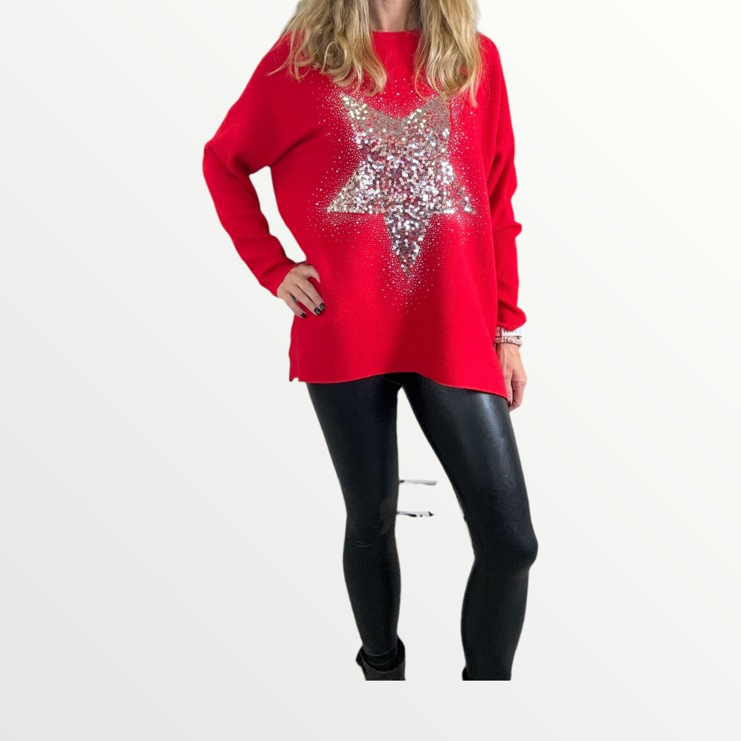 Sequin Star Jumper in Red