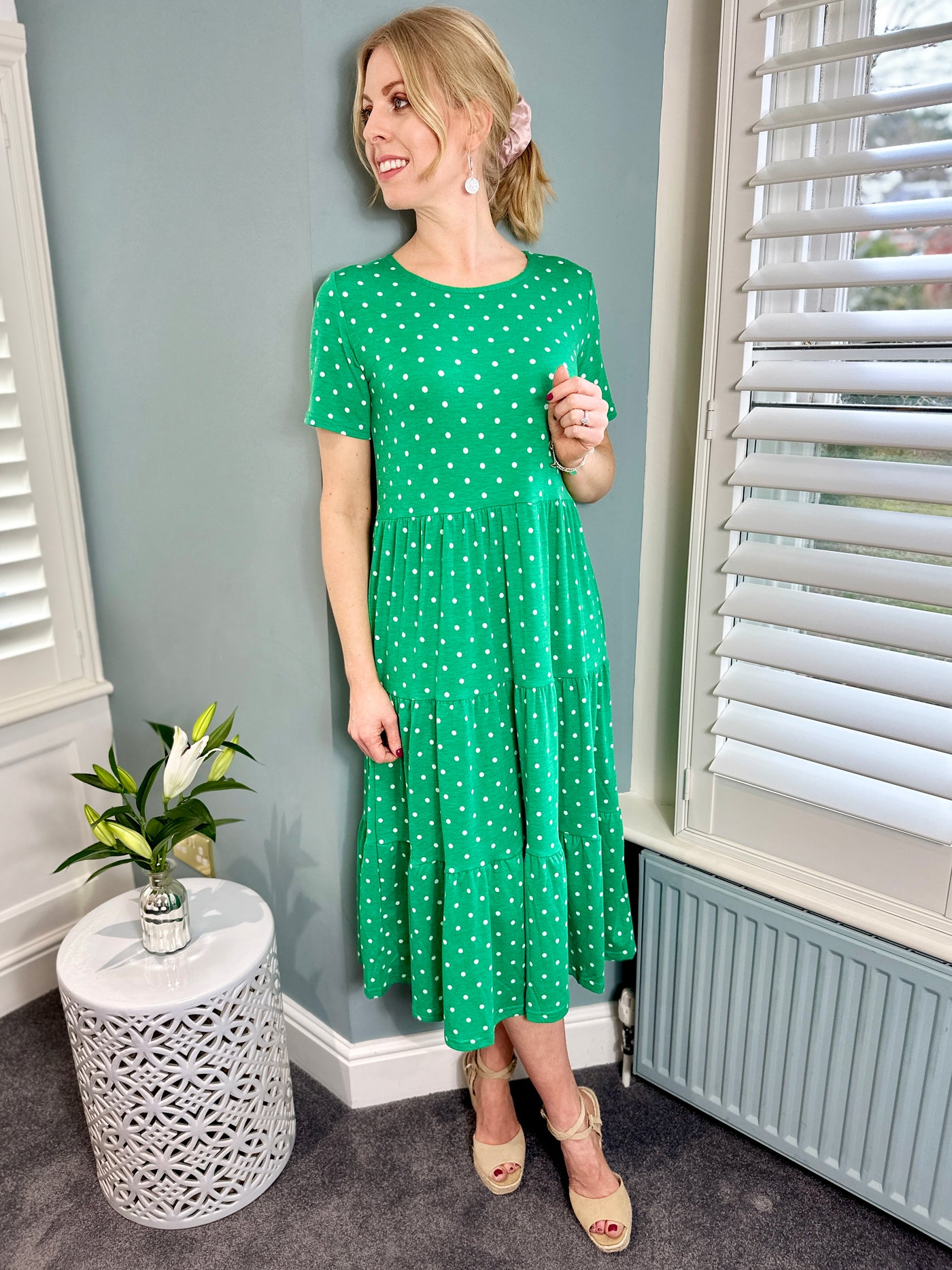 Becky Dress in Fresh Green & White Polka Dot